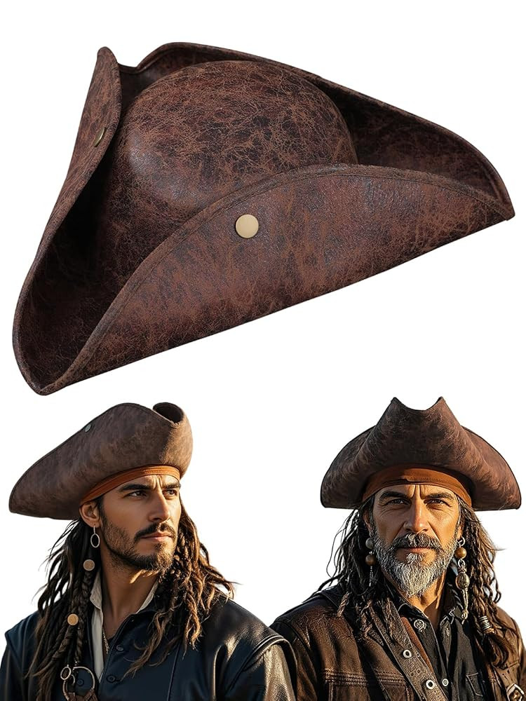 Pirate Tricorn Hat for Adults Mens Faux Leather Pirate Hat for Halloween Pirates Cosplay Party | Amazon (US)
