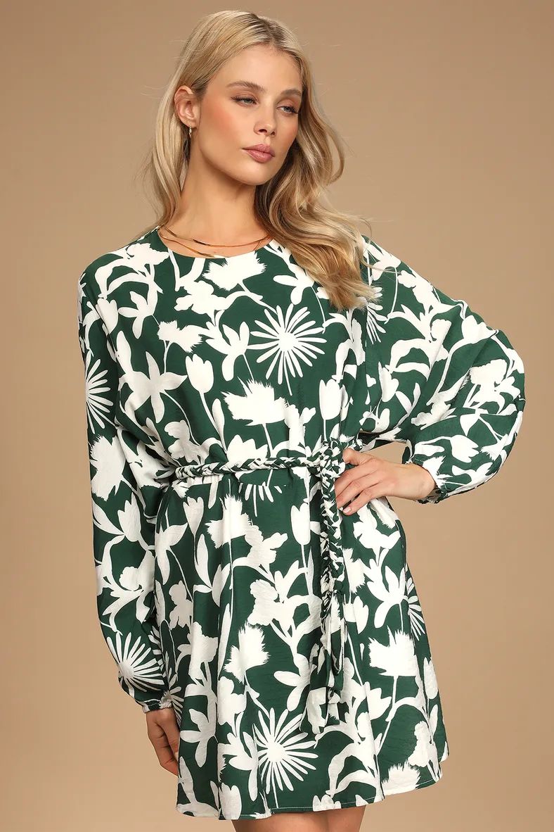 As Time Grows By Green Floral Print Long Sleeve Belted Dress | Lulus (US)