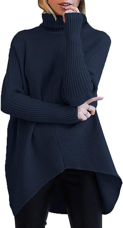 ANRABESS Womens Turtleneck Long Batwing Sleeve Asymmetric Hem Casual Pullover Sweater Knit Tops | Amazon (US)