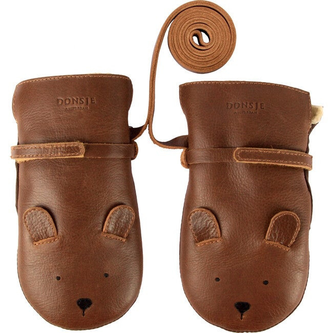 Donsje Amsterdam | Kapi Classic Bear Leather Mittens, Cognac (Multicolor, Size 5-6Y) | Maisonette | Maisonette