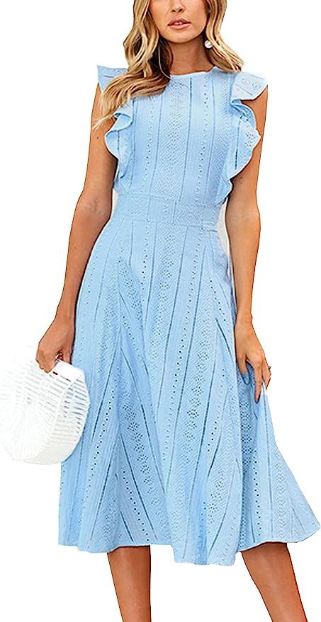 ECOWISH Womens Dresses Elegant Ruffles Cap Sleeves Summer A-Line Midi Dress | Amazon (UK)