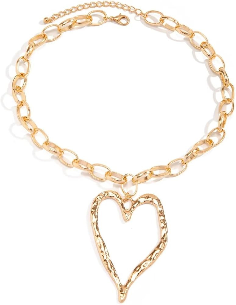 Y2k Heart Necklace Punk Metal Large Heart Necklace Vintage Chunky Heart Pendant Necklace For Wome... | Amazon (US)