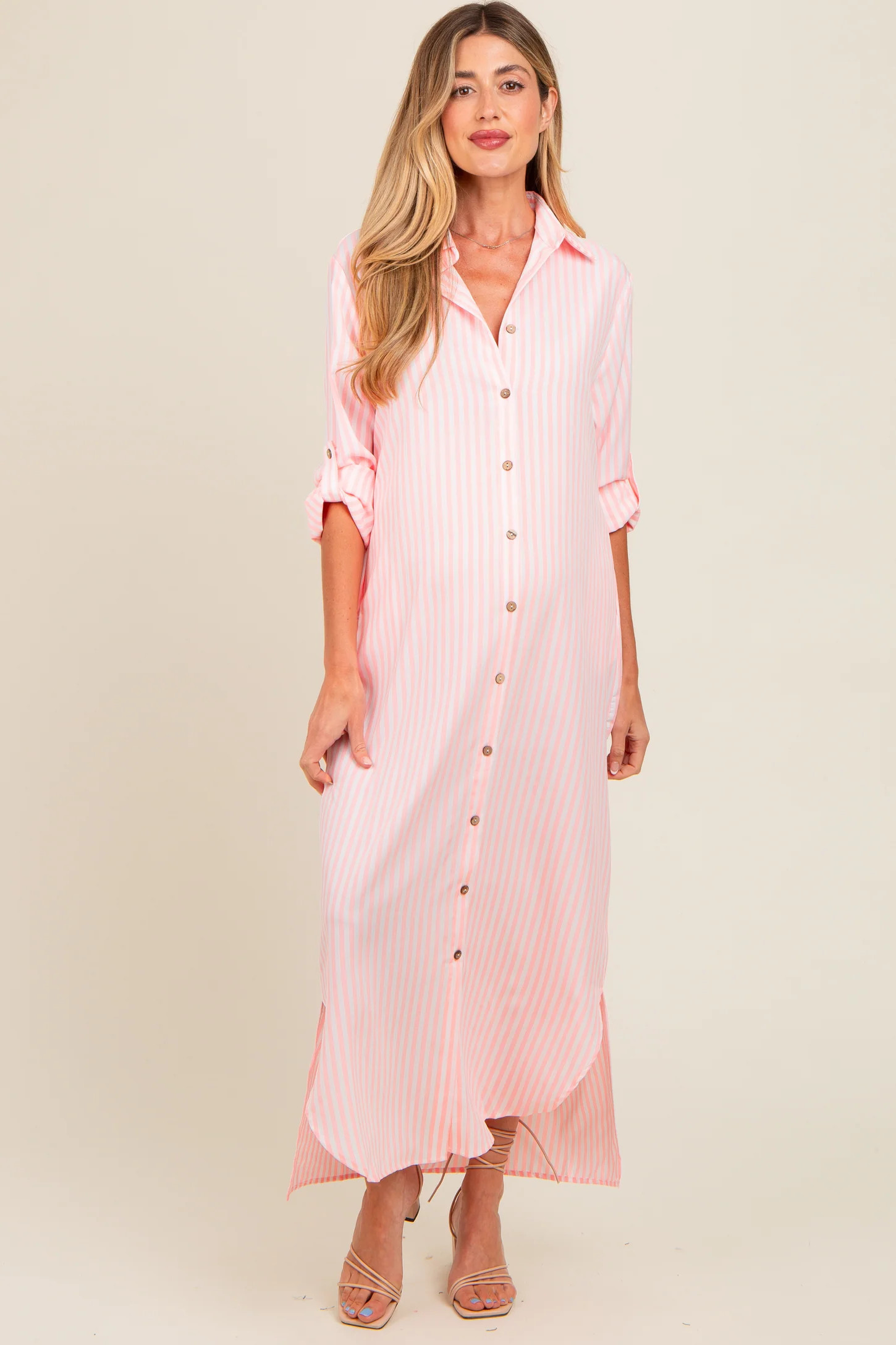 Pink Striped Button Down Maternity Maxi Dress | PinkBlush Maternity