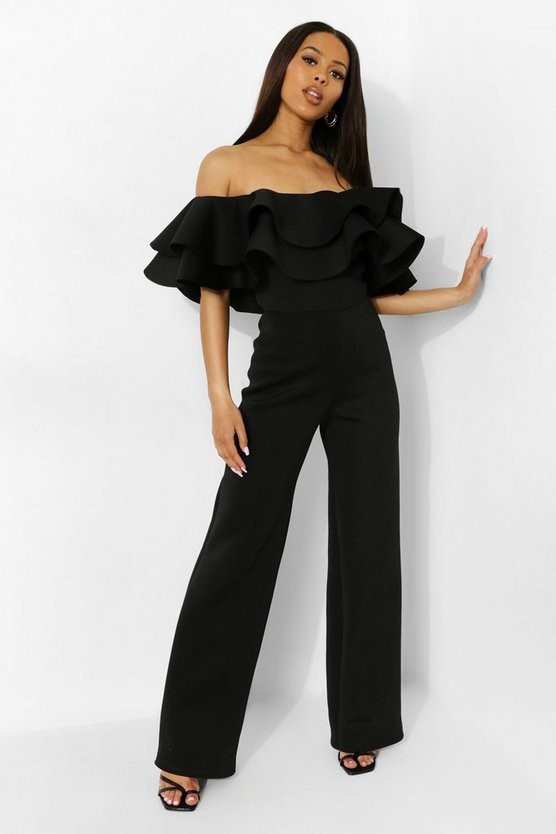 Wide Leg Ruffle Off The Shoulder Scuba Jumpsuit | Boohoo.com (US & CA)