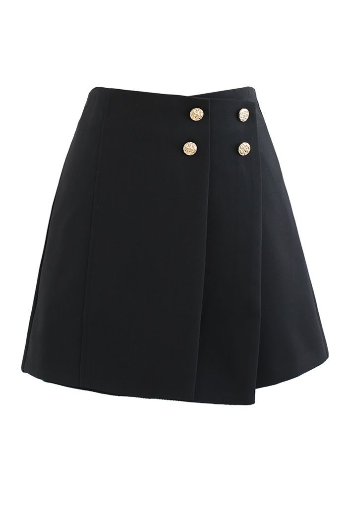 Flap Front Golden Button Trim Skorts in Black | Chicwish