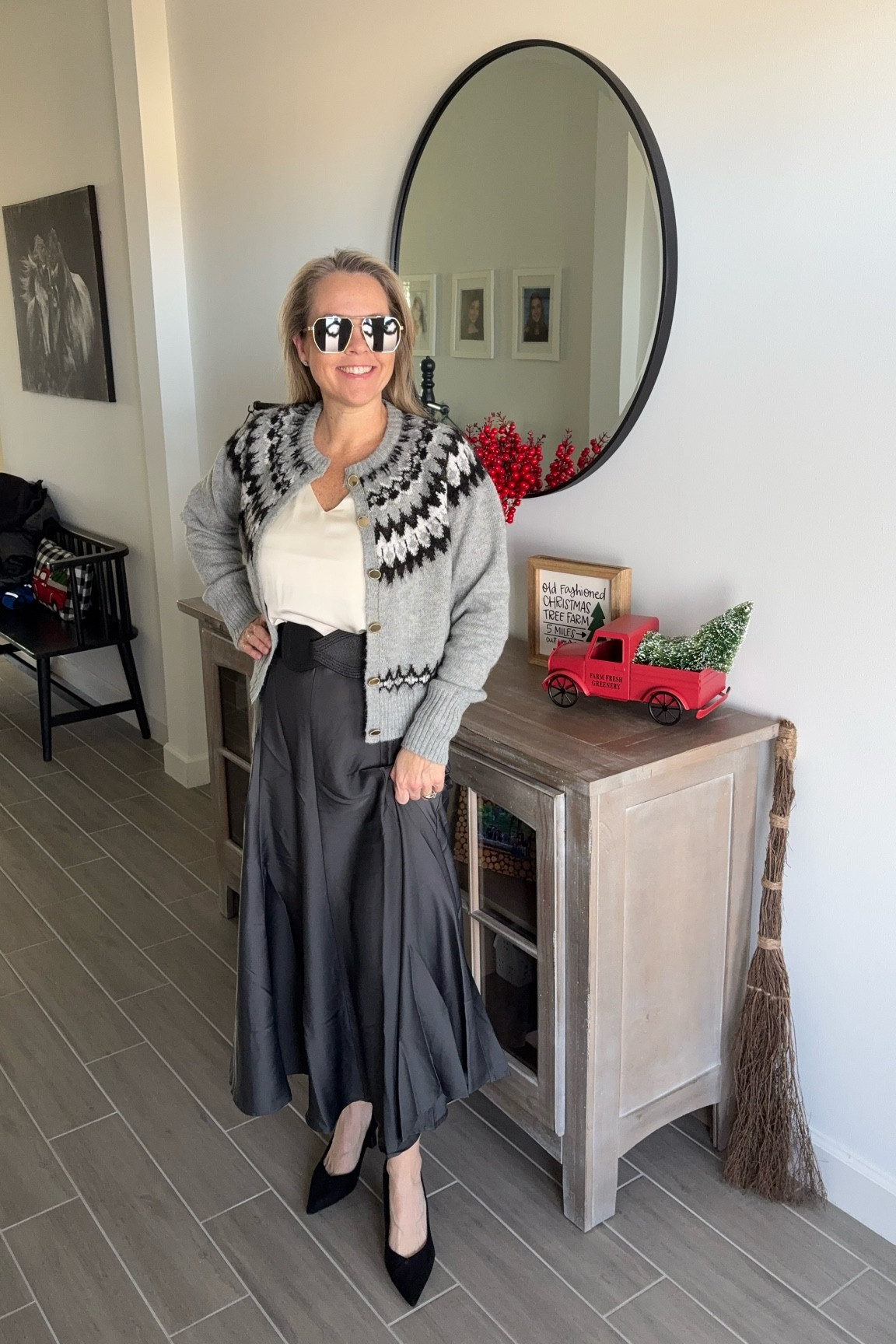 Free assembly best seller cardigan paired with Scoop satin maxi skirt. 

#LTKOver40 #LTKStyleTip #LTKHoliday