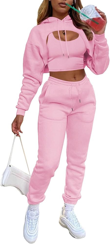Adogirl Women 3 Piece Outfits Tracksuits Set Sexy Long Sleeve Pullover Hoodie Tank Crop Tops Jogg... | Amazon (US)