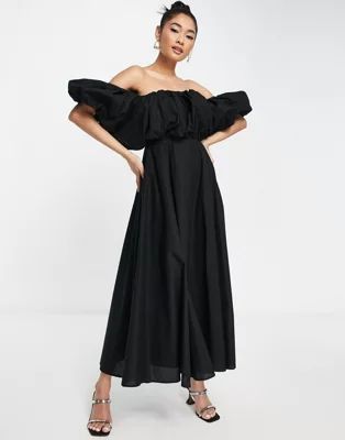 ASOS EDITION puff off shoulder cotton midi dress in black | ASOS | ASOS (Global)