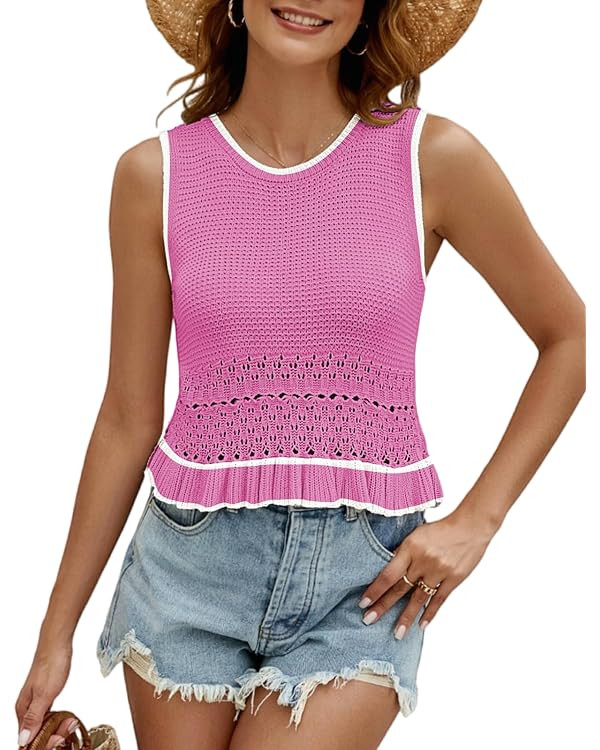 CiCiBird Women Cute Crop Sweaters Vest Knit Sleeveless Pullover Tops Crochet Ruffle Hem Tank | Amazon (US)