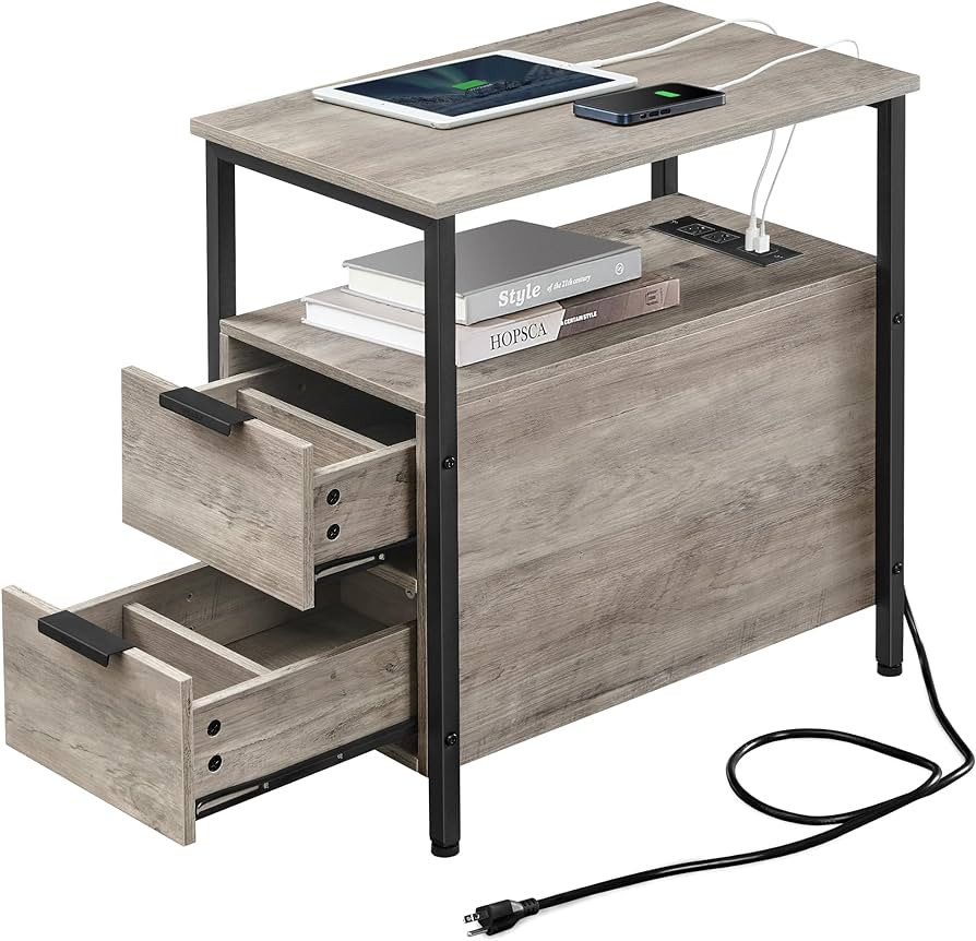VASAGLE Side Table with Charging Station, Narrow End Table with 2 Drawers, Slim Nightstand and Be... | Amazon (US)
