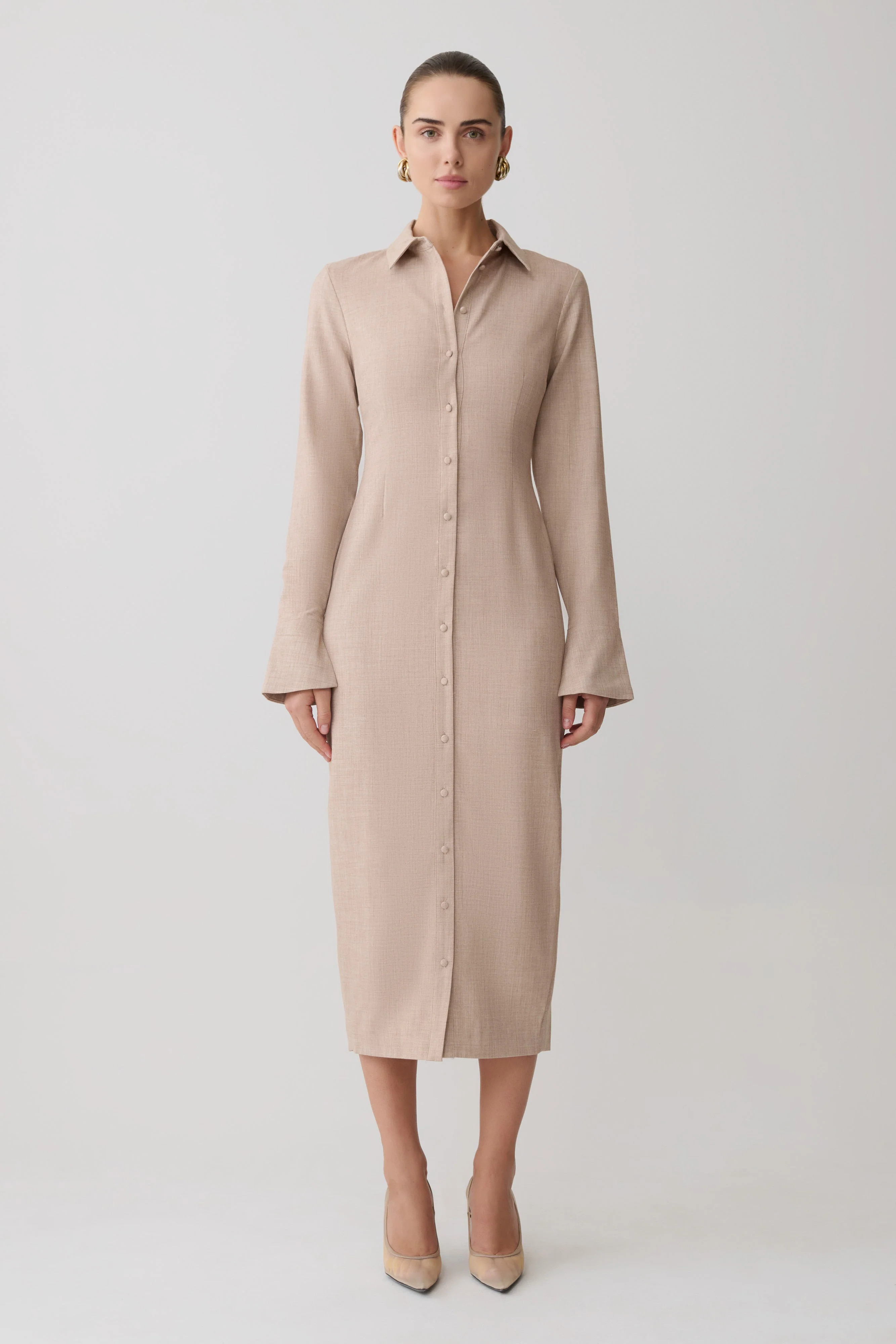 Fitted Shirt Midi Dress - Wheat Marle | MESHKI US