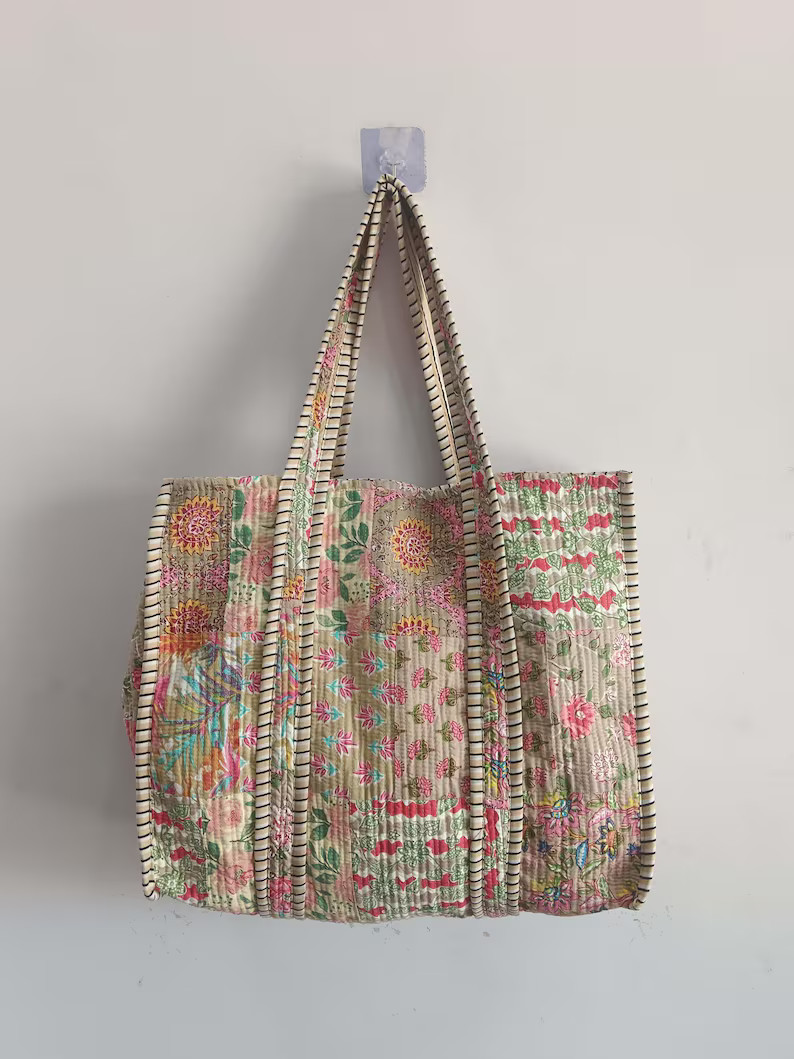 Stylish Floral Block Print Handmade Indian Cotton Quilted Market Bags for Shopping Cotton Tote Ba... | Etsy (US)