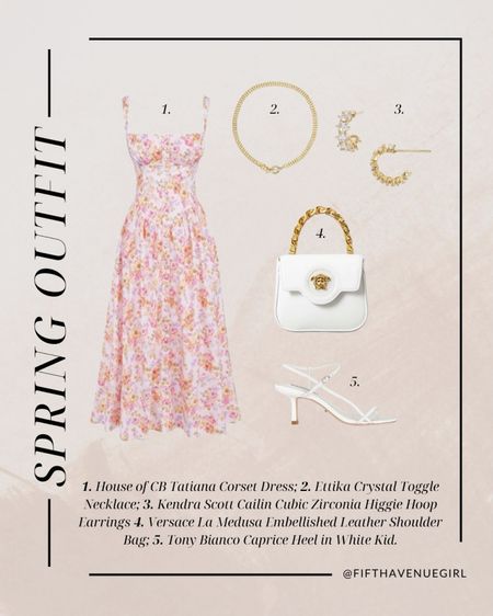 Spring outfit 🌸 * House of CB Tatiana Corset Dress * Ettika Crystal Toggle Necklace * Kendra Scott Cailin Huggie Hoop Earrings * Versace La Medusa embellished leather shoulder bag * Tony Bianco Caprice Heel

#LTKstyletip #LTKitbag #LTKSeasonal