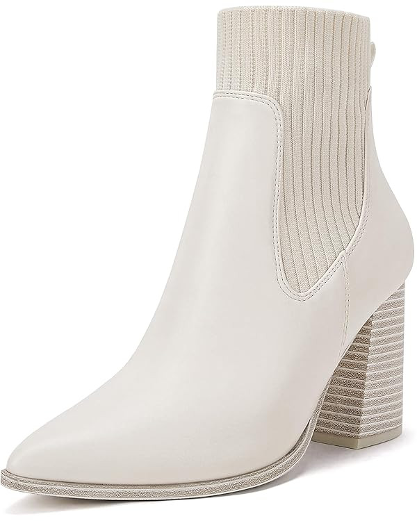 Coutgo Women Pointed Toe Ankle Boots Knit Sock Boot Chunky Block Stacked Mid Heel Comfortable Che... | Amazon (US)