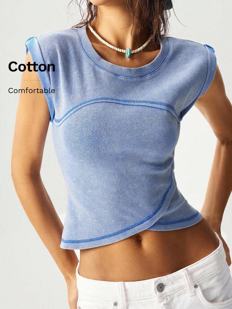 Bohemela Women's Boho Casual Solid Color Knit Crew Neck Fitted Asymmetrical Hem T-Shirt, Autumn/Winter | SHEIN