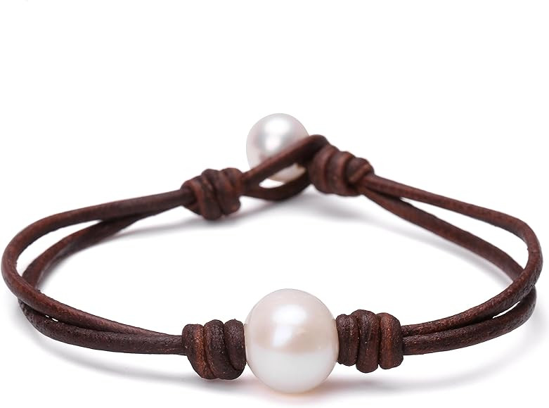 Single Cultured Freshwater Pearl Bracelet Handmade Leather Pearl Jewelry for Women Girls 7'' | Amazon (US)