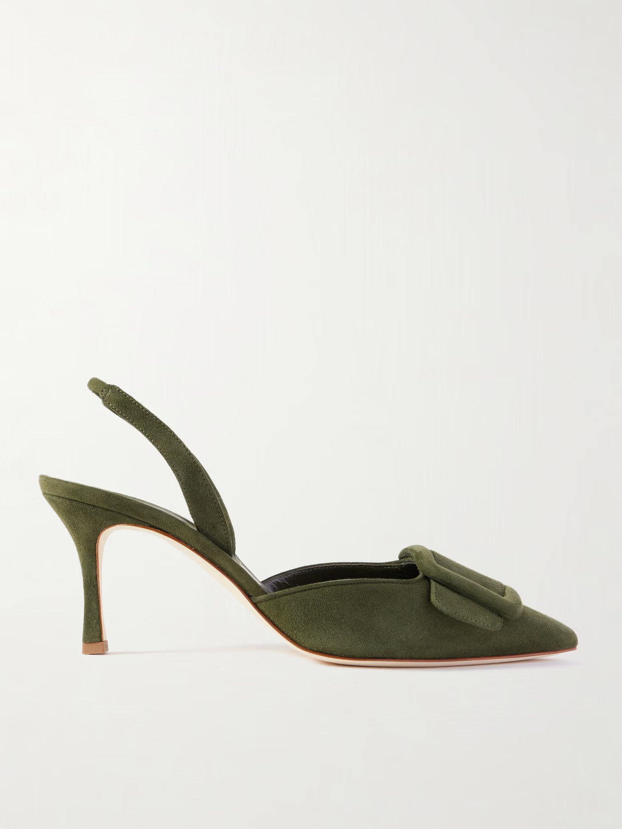 Manolo Blahnik - Maysli 70 Buckled Suede Slingback Pumps - Army green | NET-A-PORTER (UK & EU)