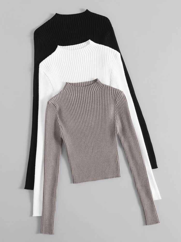 Emery Rose 3pcs Mock Nexk Ribbed Knit Sweater | SHEIN