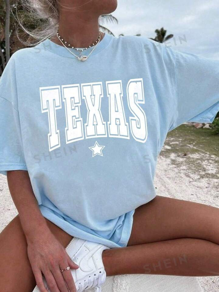SHEIN EZwear Texas Printed Short Sleeve College-Style Cute Pattern Loose Round-Neck Women's Summe... | SHEIN