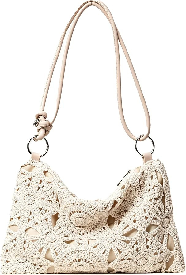 Floral Hollow Out Woven Boho Shoulder Bag, Metal Round Clasp Beach Bag, Holiday Casual Straw Bag ... | Amazon (US)