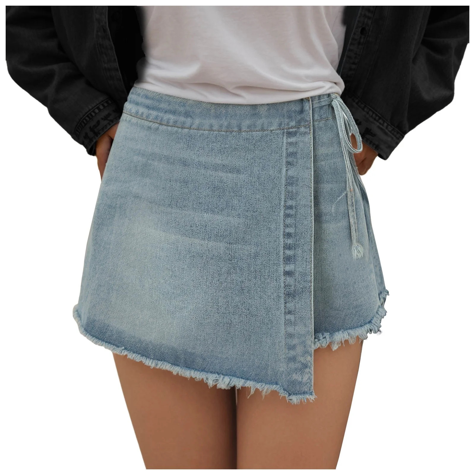 yueewhu Womens Denim Shorts Skorts Y2k Side Tie-up Bow High Waist Asymmetrical Frayed Hem Denim S... | Walmart (US)