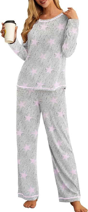 PrinStory Women's Pajama Set 2023 Lounge Sets Long Sleeve Sleepwear Soft 2 Piece Pjs with Pockets | Amazon (US)