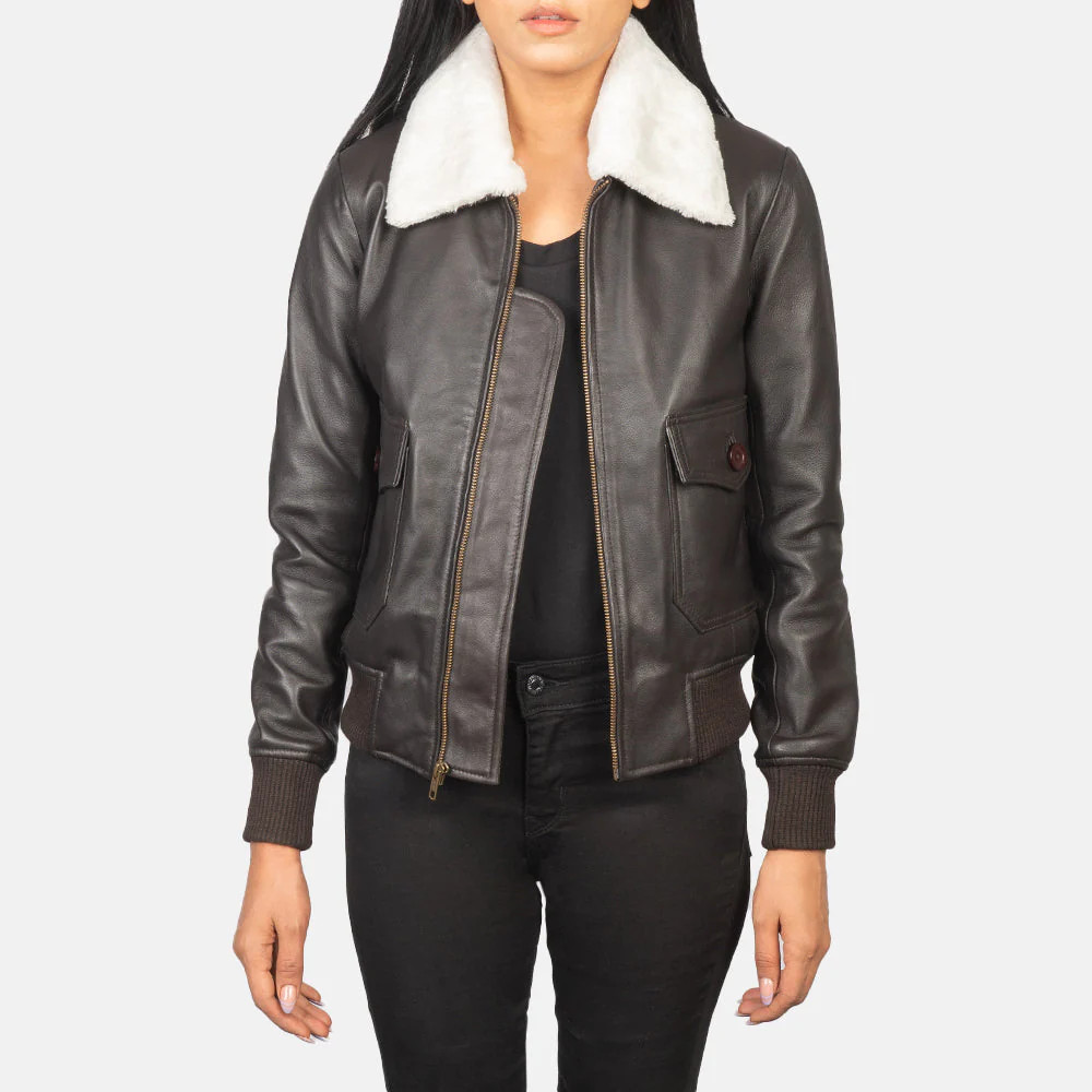 Women's Stella G-1 Brown Leather Bomber Jacket | The Jacket Maker