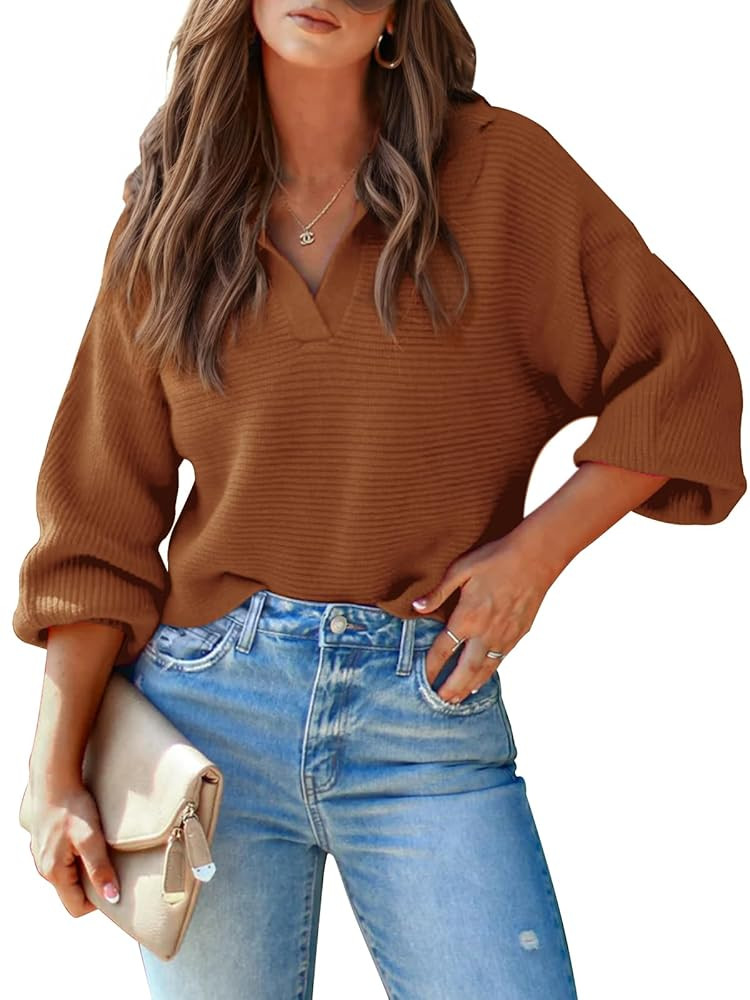 Mutitop Womens V Neck Oversized Sweater Collared Batwing Long Sleeve Ribbed Knit Pullover Casual ... | Amazon (US)