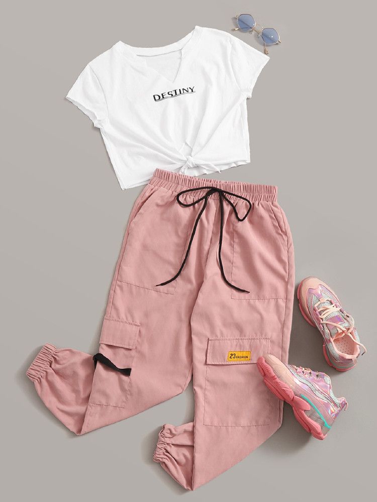 Letter Graphic Knot Front Tee & Cargo Pants Set | SHEIN