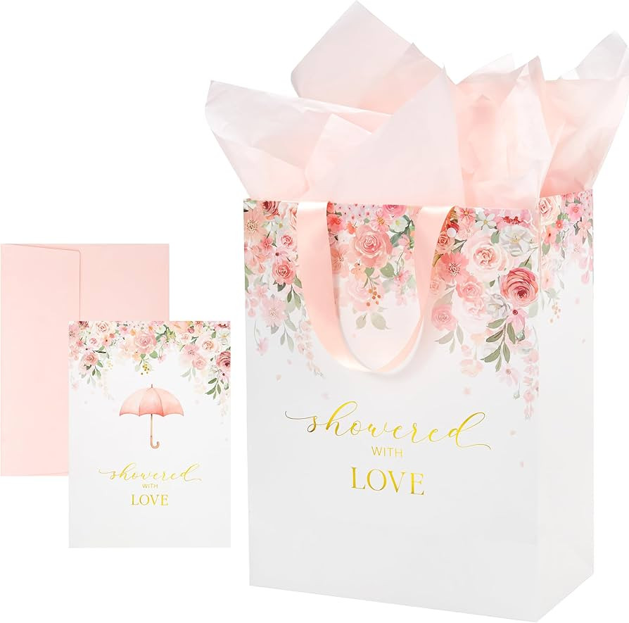Crisky 13" Large Pink Floral Gift Bag (Showered with Love) with Cards & Tissue Paper for Wedding,... | Amazon (US)