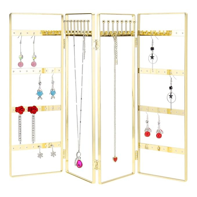 LEORISO 4-Panel Jewelry Organizer, Metal Jewelry Holder, Foldable Jewelry Hanger, Portable Jewelr... | Amazon (US)