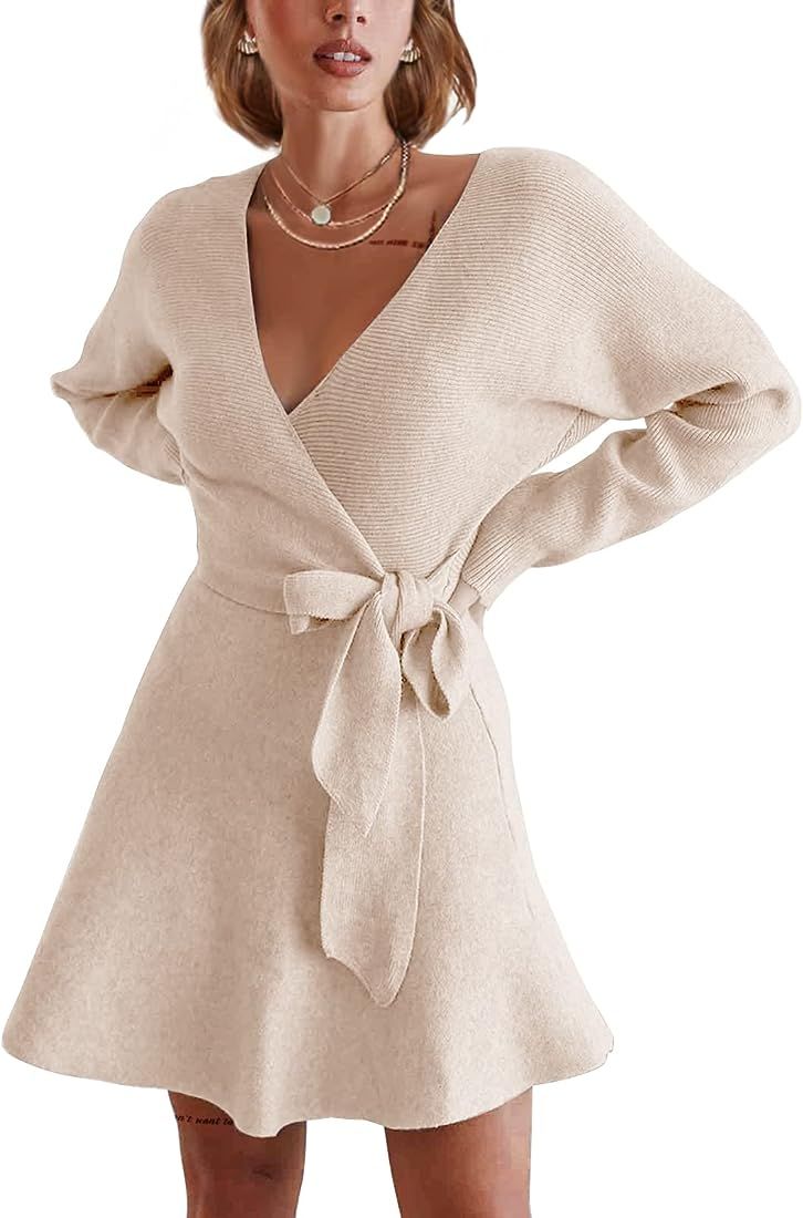 EXLURA Women's V Neck Ribbed Knit Mini Sweater Dress Long Sleeve Wrap Dresses with Belt | Amazon (US)