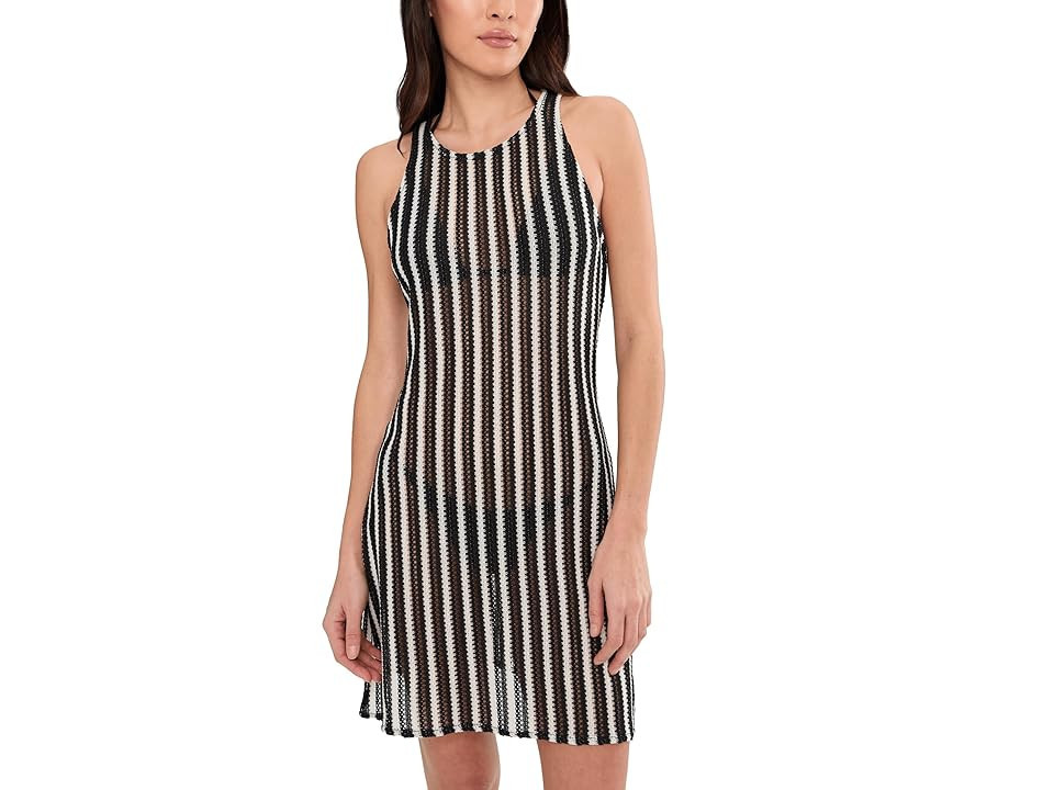 BECCA Cabo High Neck Stripe Dress Women's Swimwear Black/Natural : MD, Polyester/Spandex | Zappos