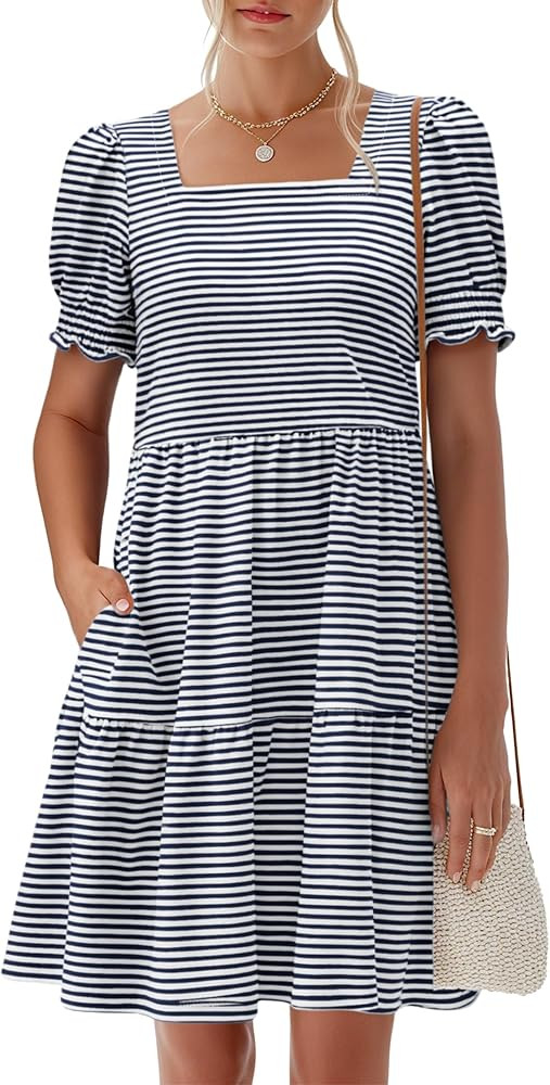 ANRABESS Women Summer Square Neck Puff Short Sleeve Mini Dress 2026 Casual Flowy Sundress Beach V... | Amazon (US)