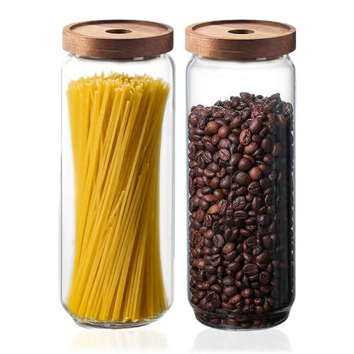 Glass Jars with Airtight Wood Lids - 57 OZ Large Tall Kitchen Pantry Storage Containers, Decorative Canister for Pasta, Spaghetti, Fusilli, Noodles, Coffee Beans, Oats, Cereal, Tea, Nuts, Set of 2 | Amazon (US)