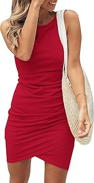 BTFBM Women Casual Dress Crew Neck Ruched Summer Sleeveless Tank Bodycon Shirt Short Mini Dresses | Amazon (US)