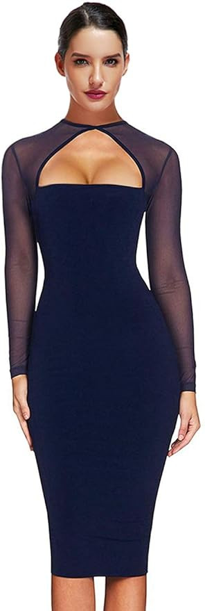Maketina Women Midi Length Cut Out Keyhole Party Bodycon Bandage Dress with Transparent Long Slee... | Amazon (US)