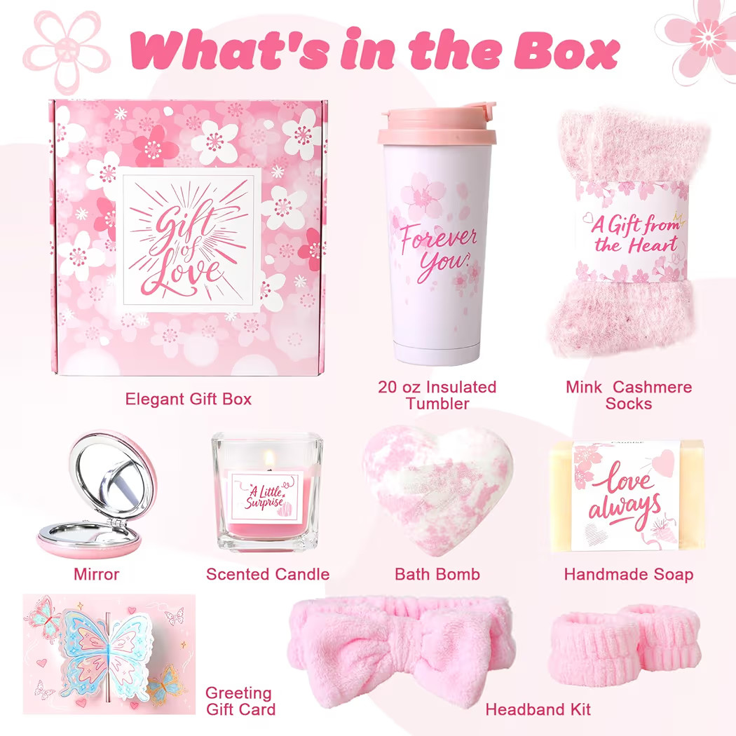 Birthday Gifts for Women - Cherry Blossom Spa Gift Box with Tumbler, Self Care Package for Mom Wi... | Amazon (US)