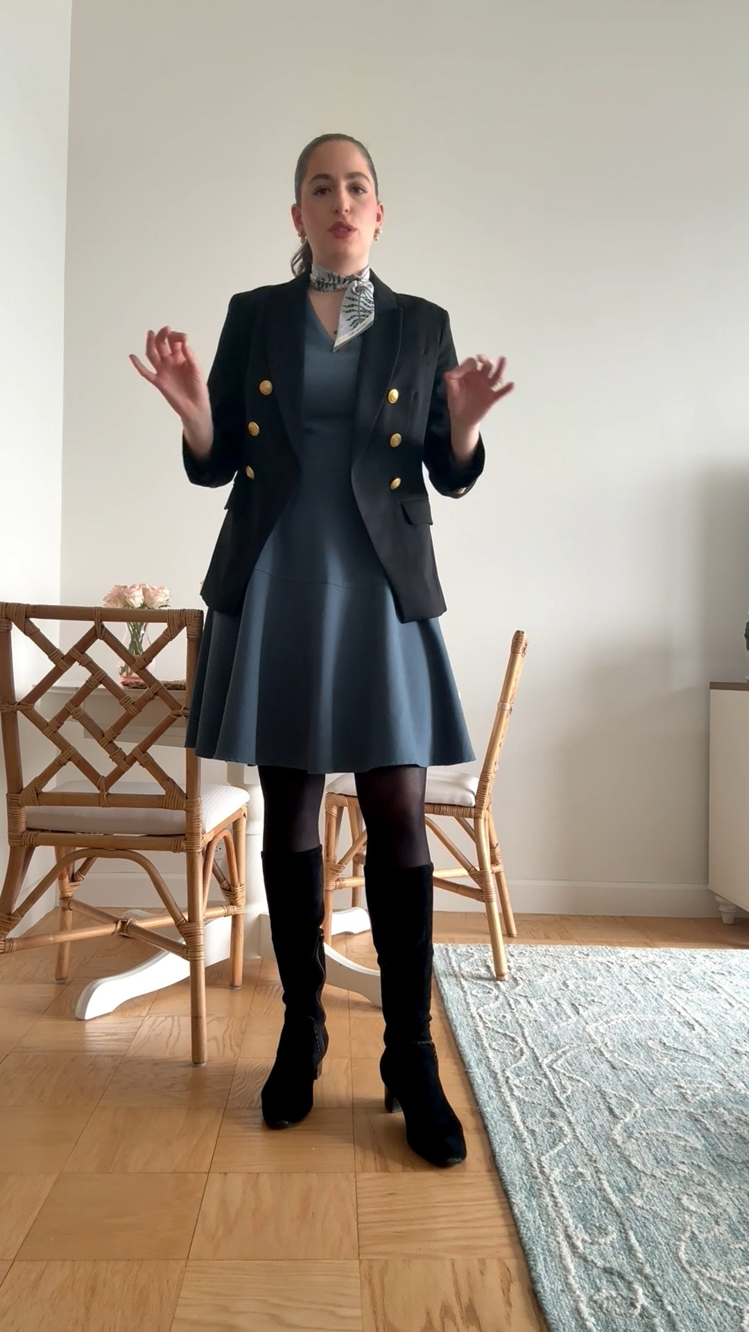 Spring transition outfit, winter to spring, winter to spring corporate outfit, office style, office outfit, corporate style, workwear, winter workwear, work dress, gal meets glam, black blazer, black double breasted blazer, black suede boots, tall black suede boots, silk scarf

#LTKSeasonal #LTKTall #LTKWorkwear