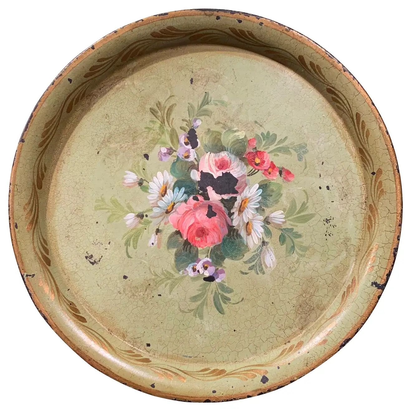 19th Century French Hand Painted Tole Tray with Flowers and Foliage | 1stDibs