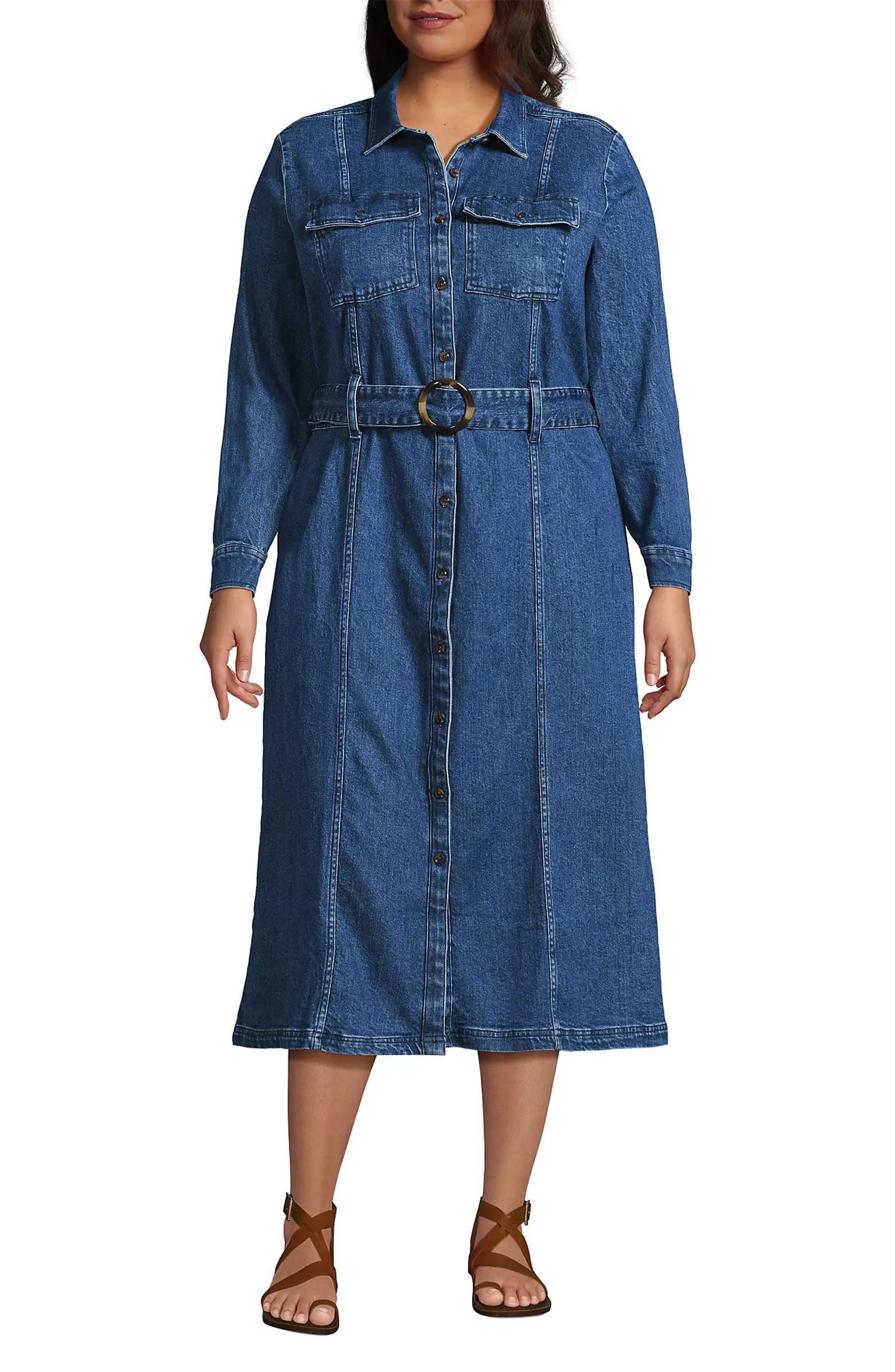 Lands' End Plus Size Soft Denim Midi Shirt Dress | Nordstrom | Nordstrom