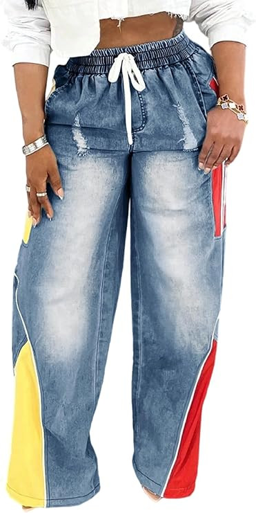 YOOTIKO Women Striped Drawstring Jeans Elastic High Waisted Straight Wide Leg Baggy Sweatpants Je... | Amazon (US)