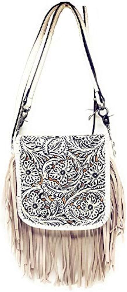 Western Genuine Leather Cowgirl Crossbody Messenger Fringe Laser Cut Purse Bag in 5 colors | Amazon (US)