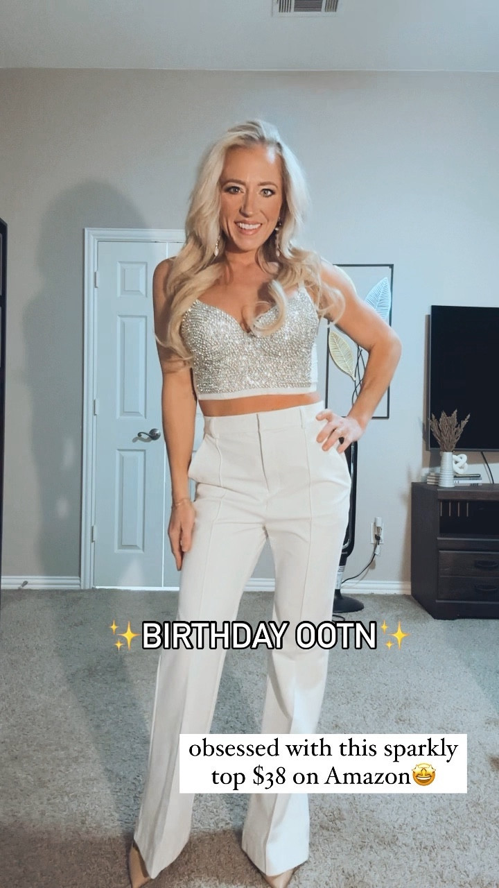 Birthday outfit! Found this amazing sparkly top on Amazon for only $38!! Obsessed! 😍 Size up if you are larger chested, runs a little small I got size Medium 
Pants are from Express last year (wearing 0 short) but I linked a couple alternatives 
Cape blazer from SHEIN sz Small 
Tan heel #LTKHoliday 

#LTKparties #LTKfindsunder50