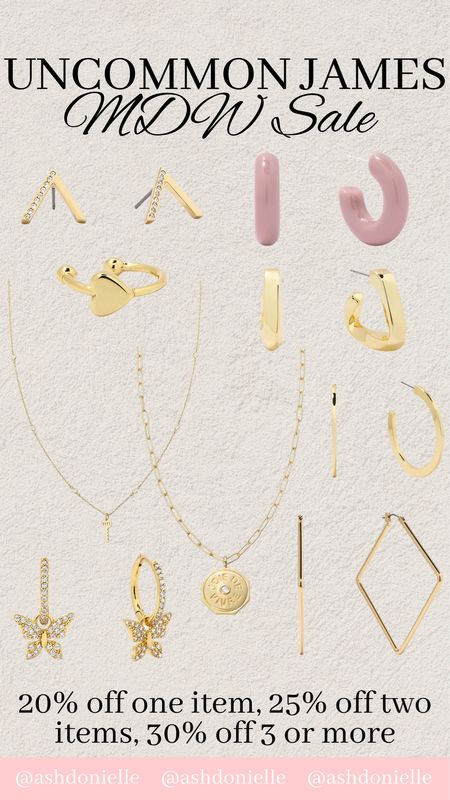 Uncommon James sale! 20% off 1 item, 25% off 2 items, and 30% off 3+ items!

Gold jewelry, jewelry sale, gold necklace, gold earrings, hoop earrings, stud earrings 

#LTKstyletip #LTKSeasonal #LTKsalealert