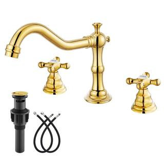Lukvuzo 8 in. Widespread Double Handle Bathroom Faucet in Polish Gold with with Metal Pop Up Drai... | The Home Depot