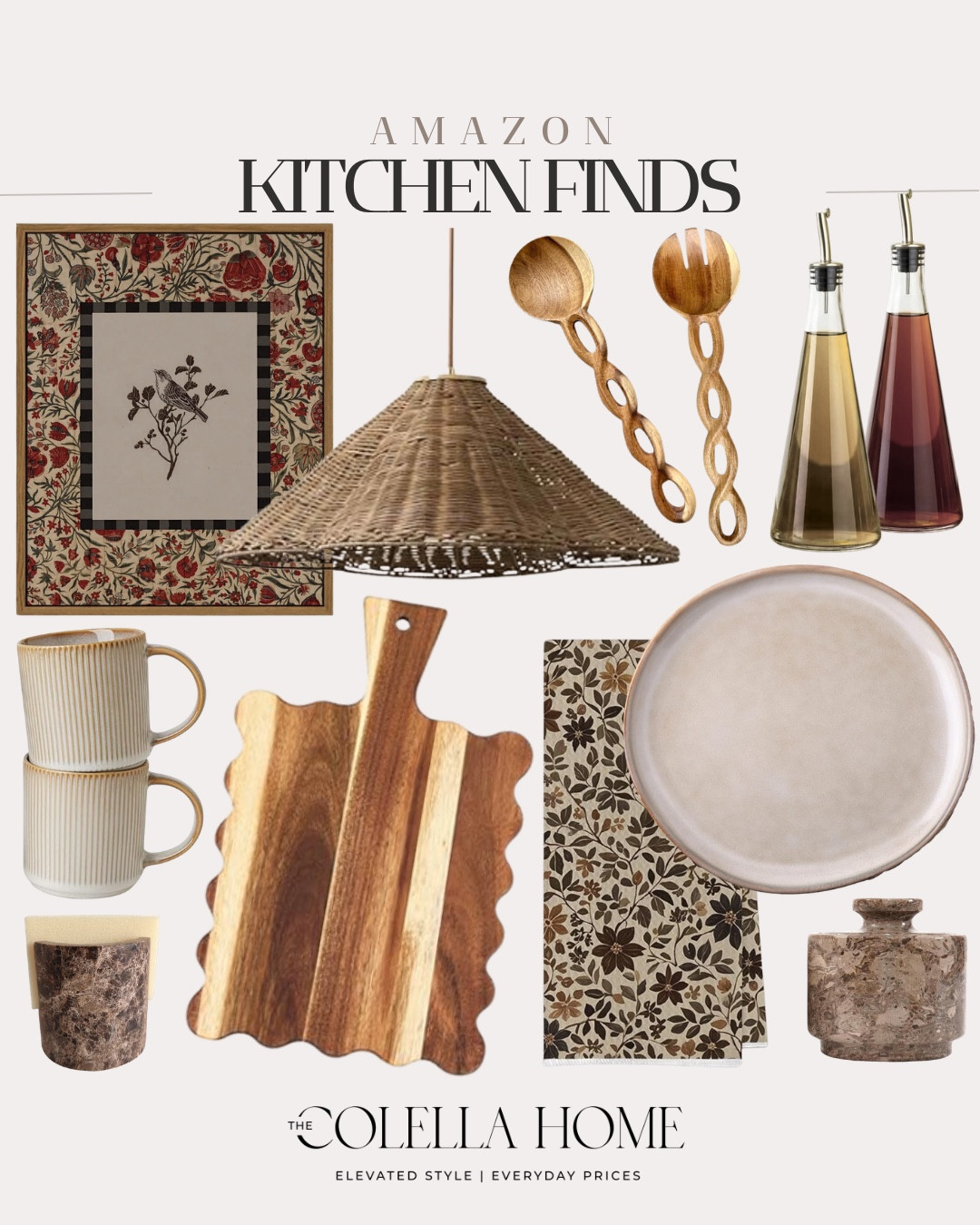 Amazon kitchen finds includes wall art, light fixture, oil and vinegar dispenser, dinner plates, salt cellar, kitchen towel, cutting board, coffee mugs, sponge holder.

Kitchen decor, kitchen finds, looks for lesss includes

#LTKHome #LTKSeasonal #LTKSaleAlert