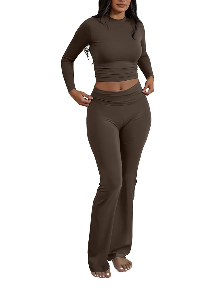 Two Piece Lounge Sets for Women Fold Over Flare Leggings Long Sleeve Crop Tops Matching Set Casua... | Amazon (US)