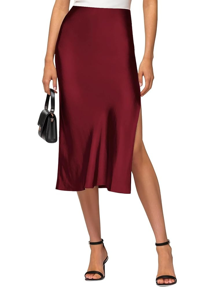 Satin High Waisted Midi Skirt Elastic Waistband Side Slit A Line Wedding Casual Skirts for Women | Amazon (US)