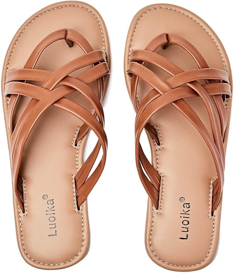Luoika Women's Wide Width Flat Sandals, Flip Flop Slides Sandal Casual Strapy Sandal Slip on Summ... | Amazon (US)
